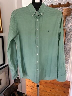 Carolina Herrera Men's Green Check Button-Down Shirt Size 16.5 Designer